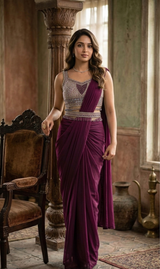 DIVA Wine Embellished Tissue Ready-Made Saree with Designer Blouse