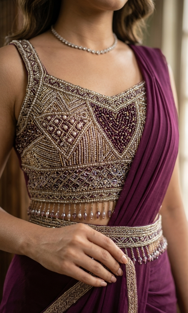 DIVA Wine Embellished Tissue Ready-Made Saree with Designer Blouse