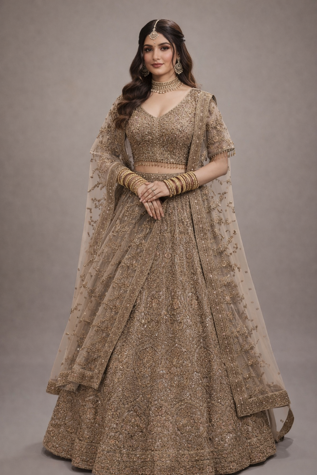 DIVA Chikoo Beige Heavy Embroidered Bridal Lehenga Set with Dupatta