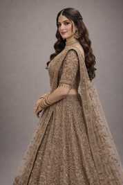 DIVA Chikoo Beige Heavy Embroidered Bridal Lehenga Set with Dupatta