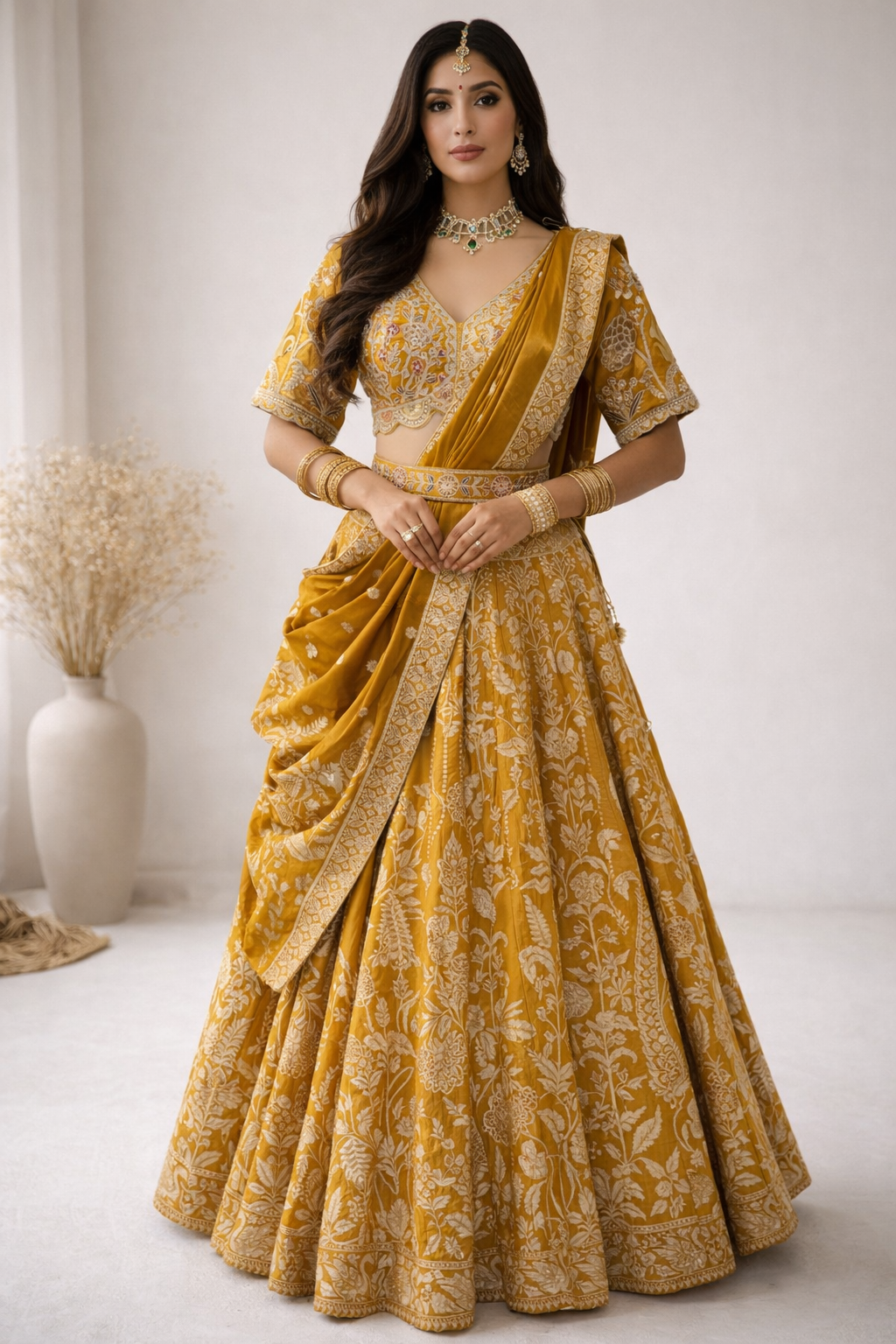 Mustard Banarasi Silk Blend Lehenga with Embroidered Blouse & Draped Dupatta