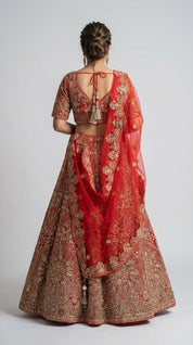 DIVA Red Bridal Lehenga Choli with Net Dupatta | Heavy Gold Zari & Sequin Embroidery | Wedding & Festive Occasion Wear