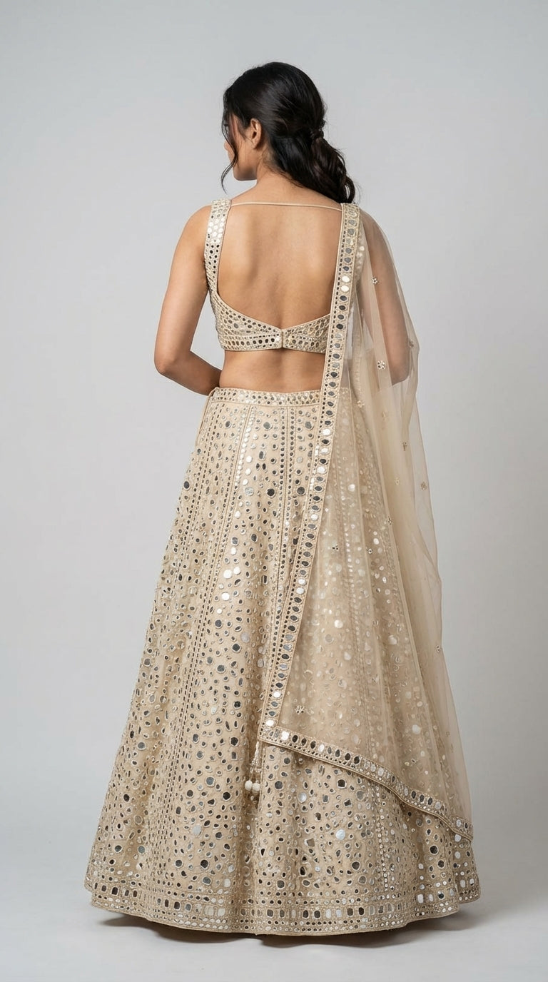 DIVA Ivory Cream All-Over Mirror Work Lehenga Choli with Net Dupatta | Bridal & Festive Occasion Wear for Women