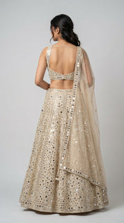DIVA Ivory Cream All-Over Mirror Work Lehenga Choli with Net Dupatta | Bridal & Festive Occasion Wear for Women
