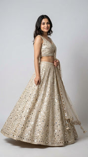 DIVA Ivory Cream All-Over Mirror Work Lehenga Choli with Net Dupatta | Bridal & Festive Occasion Wear for Women