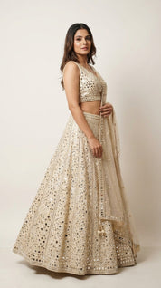 DIVA Ivory Cream All-Over Mirror Work Lehenga Choli with Net Dupatta | Bridal & Festive Occasion Wear for Women