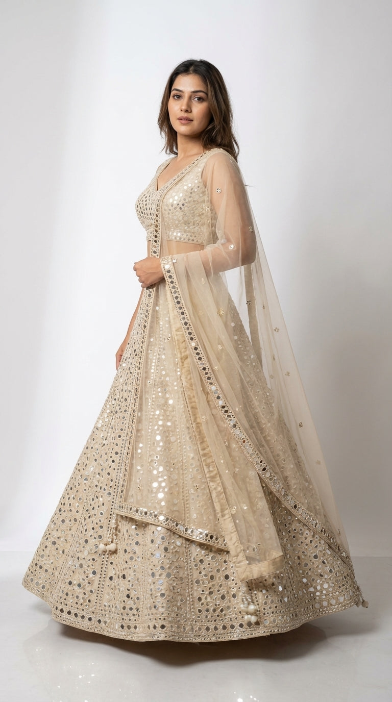 DIVA Ivory Cream All-Over Mirror Work Lehenga Choli with Net Dupatta | Bridal & Festive Occasion Wear for Women
