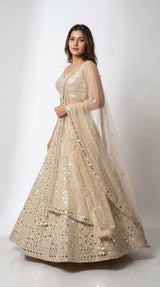 DIVA Ivory Cream All-Over Mirror Work Lehenga Choli with Net Dupatta | Bridal & Festive Occasion Wear for Women