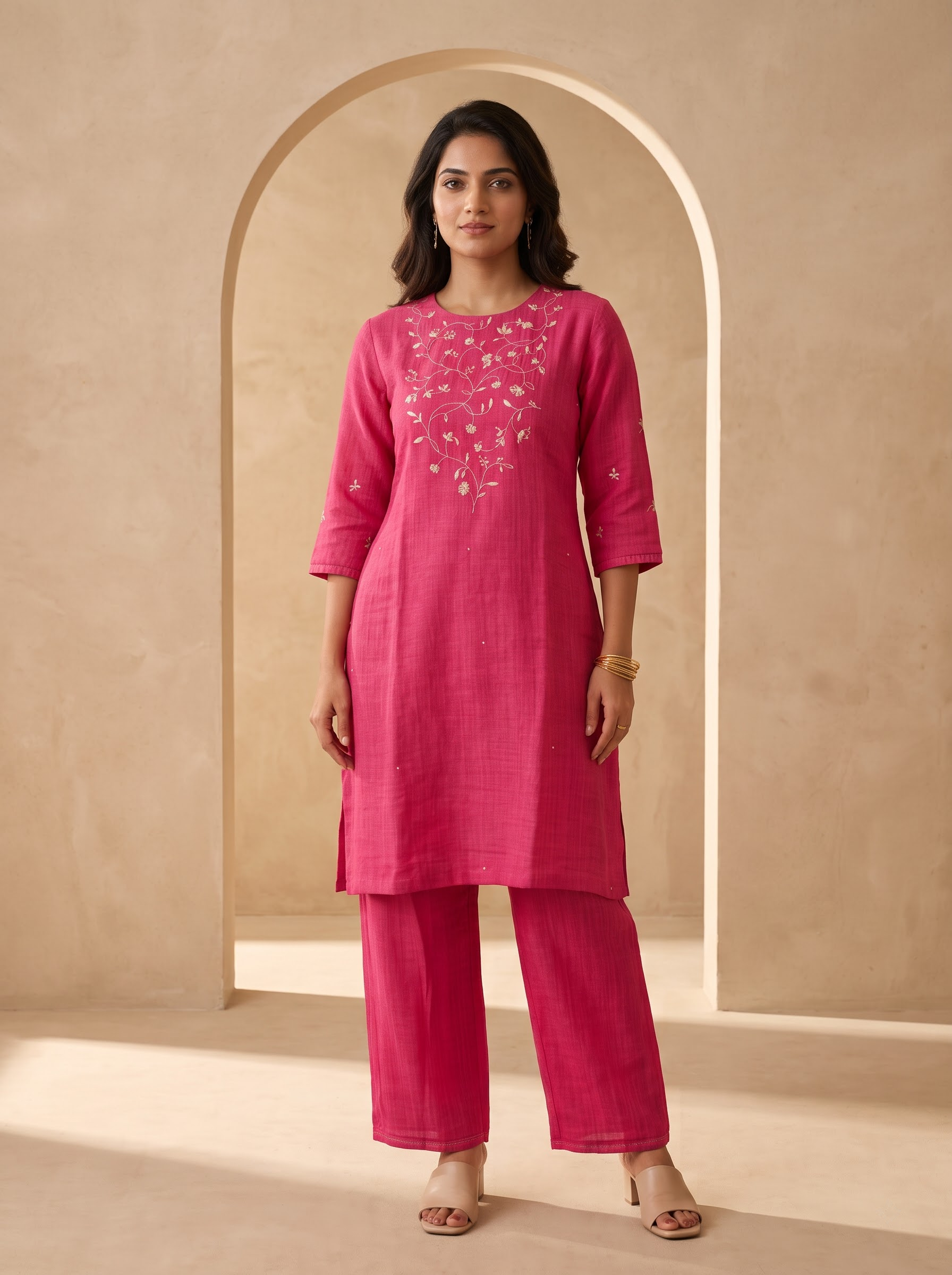 Rani Pink Linen Cotton Embroidered Kurta Co-ord Set
