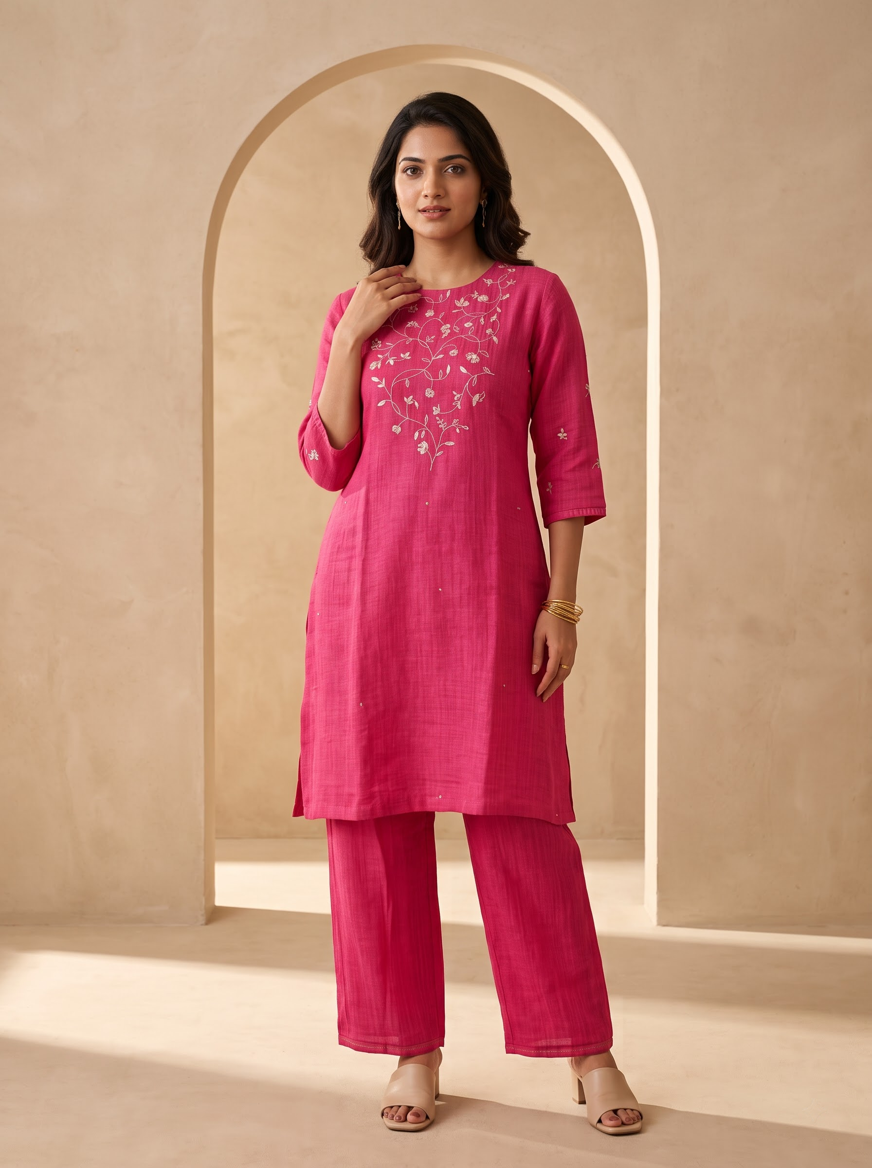 Rani Pink Linen Cotton Embroidered Kurta Co-ord Set