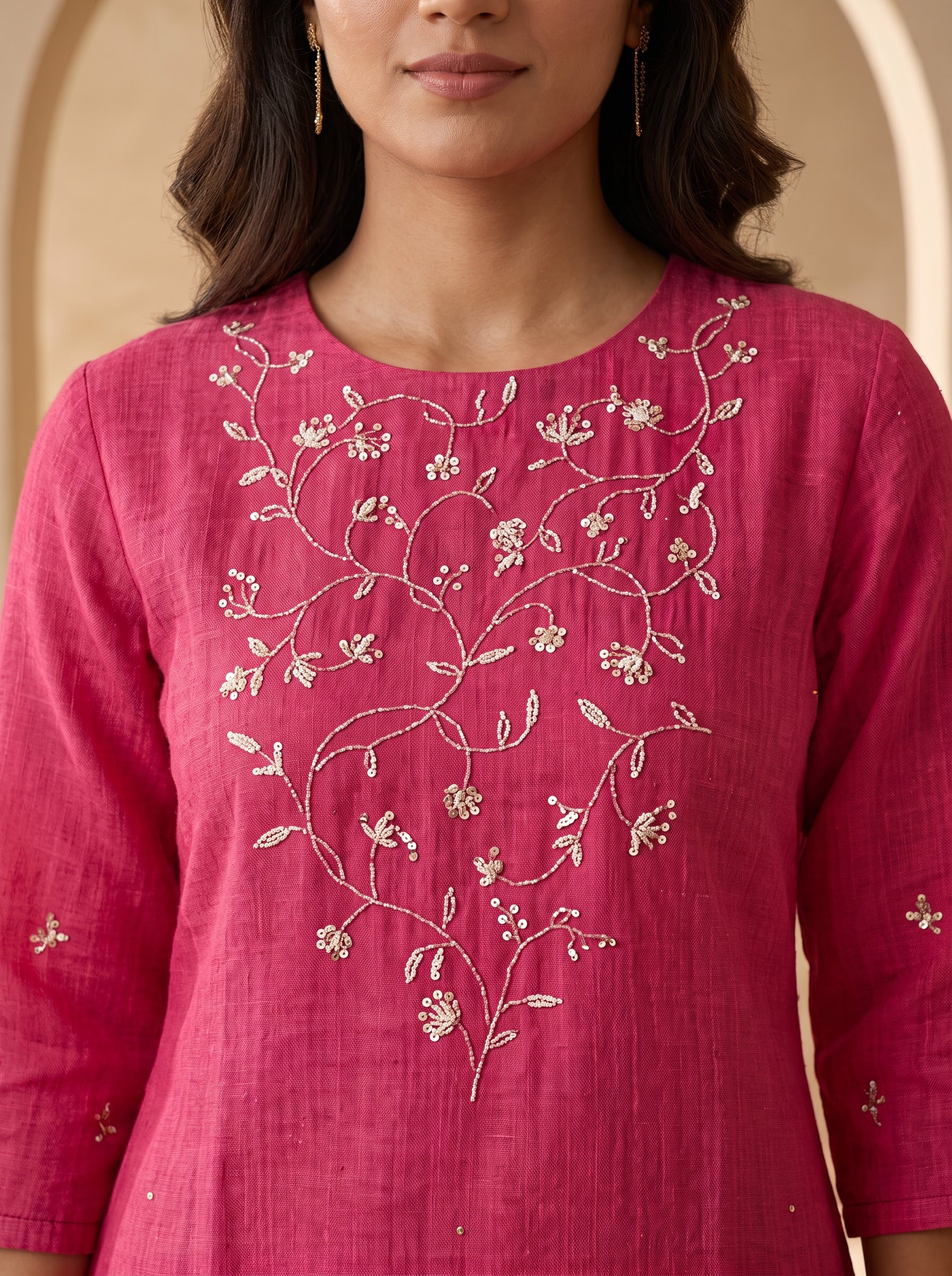 Rani Pink Linen Cotton Embroidered Kurta Co-ord Set