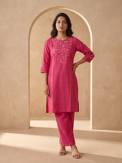 Rani Pink Linen Cotton Embroidered Kurta Co-ord Set