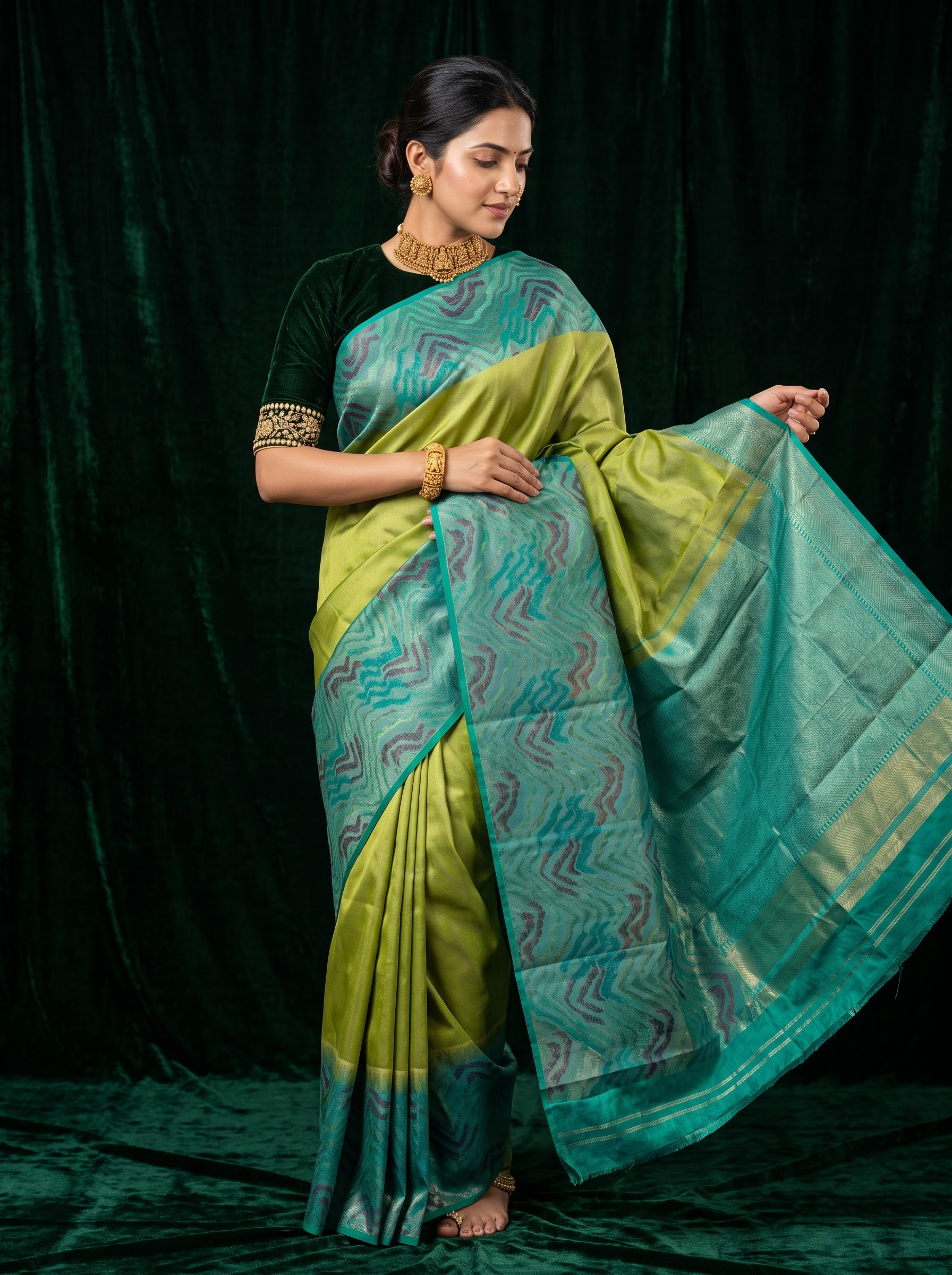 Lime Green Kanchipuram Silk Saree with Sea Green Woven Pallu