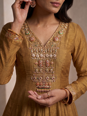 Golden Mustard Anarkali Set with Kundan Work Yoke & Floral Dupatta