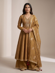 Golden Mustard Anarkali Set with Kundan Work Yoke & Floral Dupatta