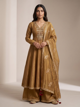 Golden Mustard Anarkali Set with Kundan Work Yoke & Floral Dupatta