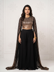Black & Gold Sequin Embroidered Georgette Crop Top Palazzo Set