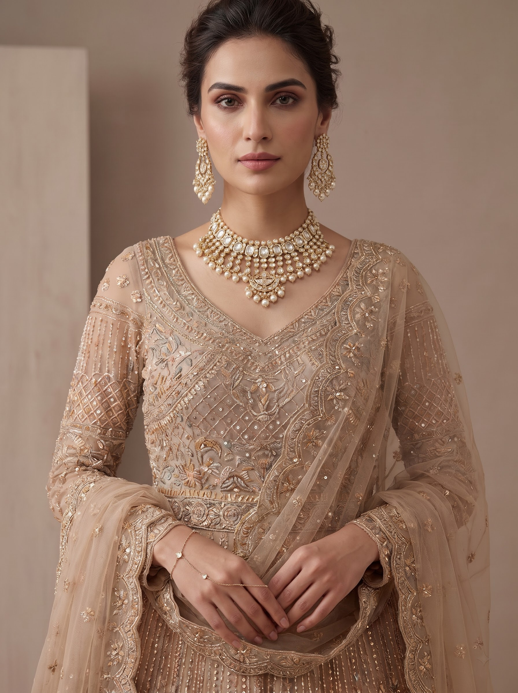 Golden Beige Sequin Mastani Lehenga Gown – Festive Wear