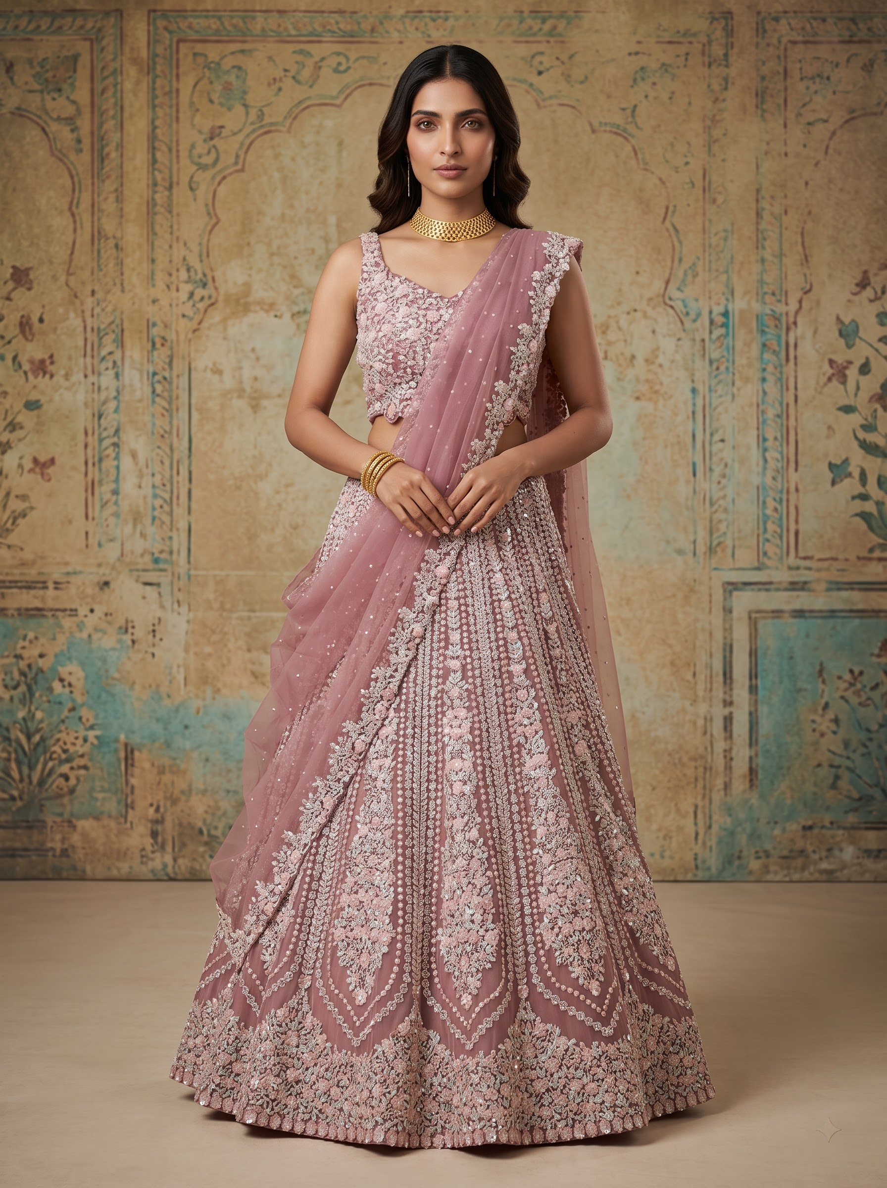 Dusty Pink Net Lehenga Choli with Sequin Floral Embroidery