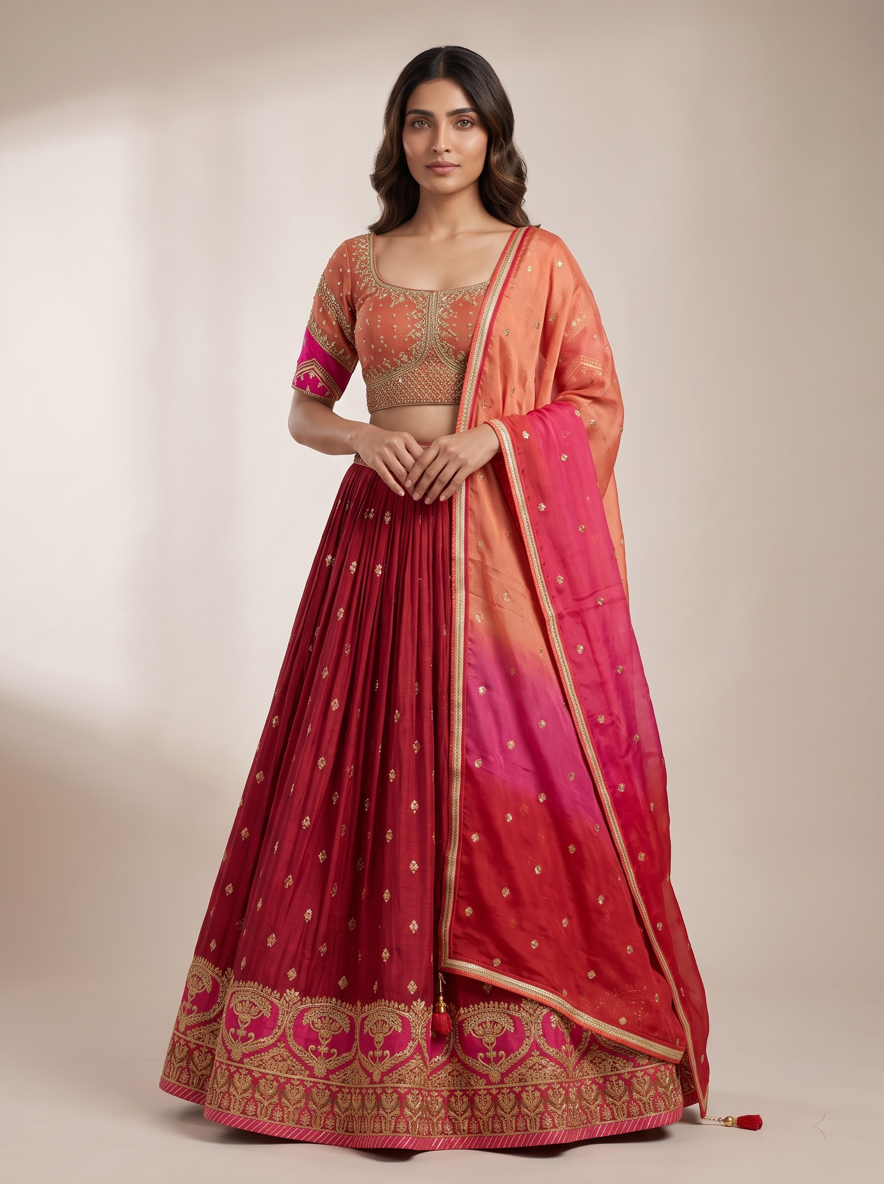 Maroon & Pink Ombre Festive Lehenga Choli in Georgette with Zari Embroidery