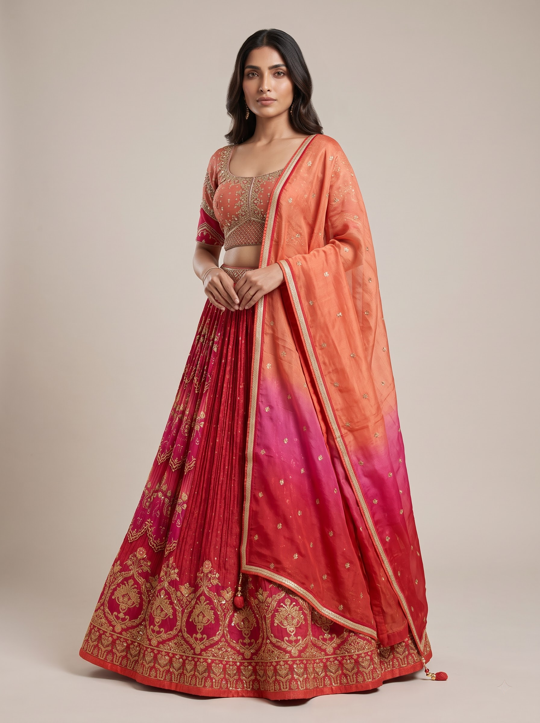 Maroon & Pink Ombre Festive Lehenga Choli in Georgette with Zari Embroidery