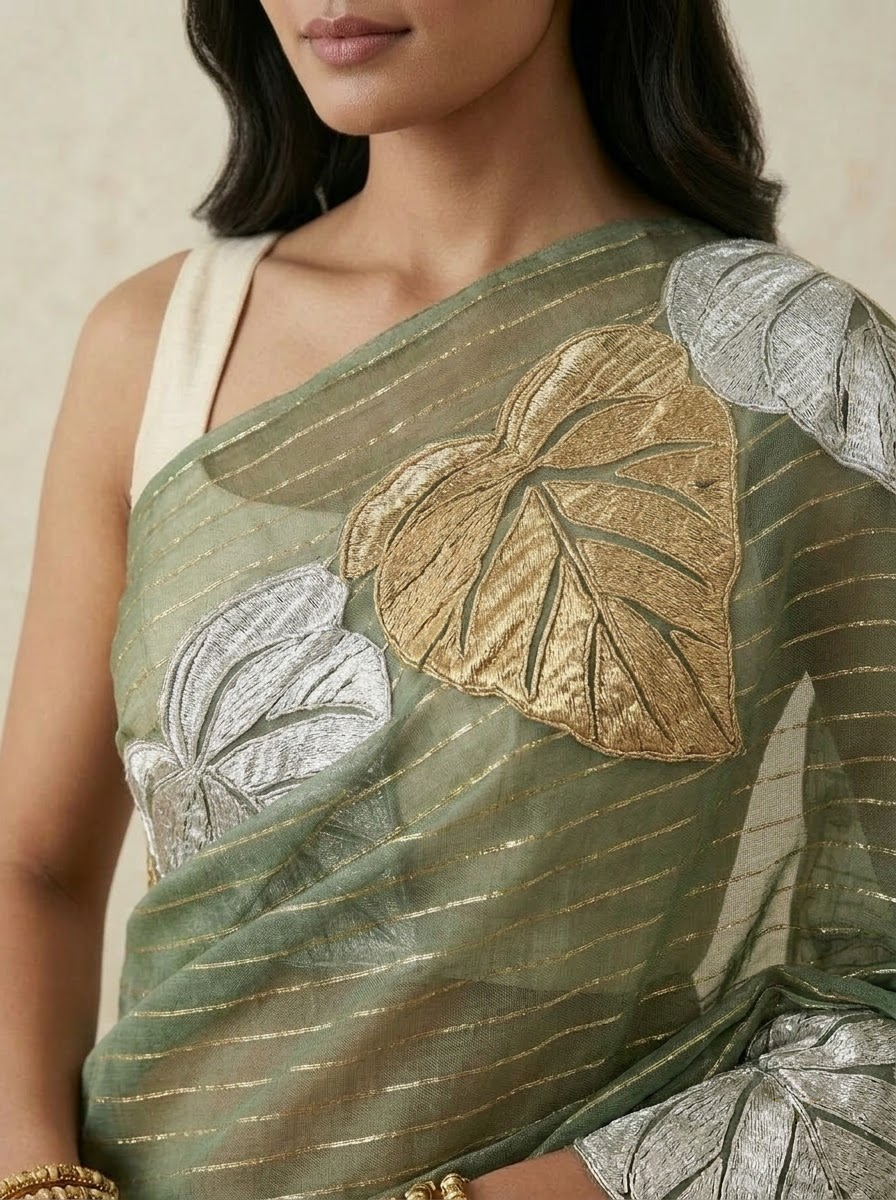 Organza Saree in Sage Green with Metallic Leaf Motif & Scalloped Edge
