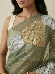 Organza Saree in Sage Green with Metallic Leaf Motif & Scalloped Edge