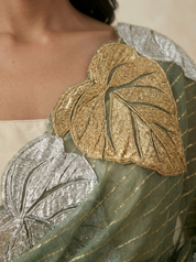 Organza Saree in Sage Green with Metallic Leaf Motif & Scalloped Edge