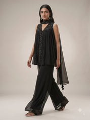 Black Georgette Embellished Crop Top & Palazzo Set