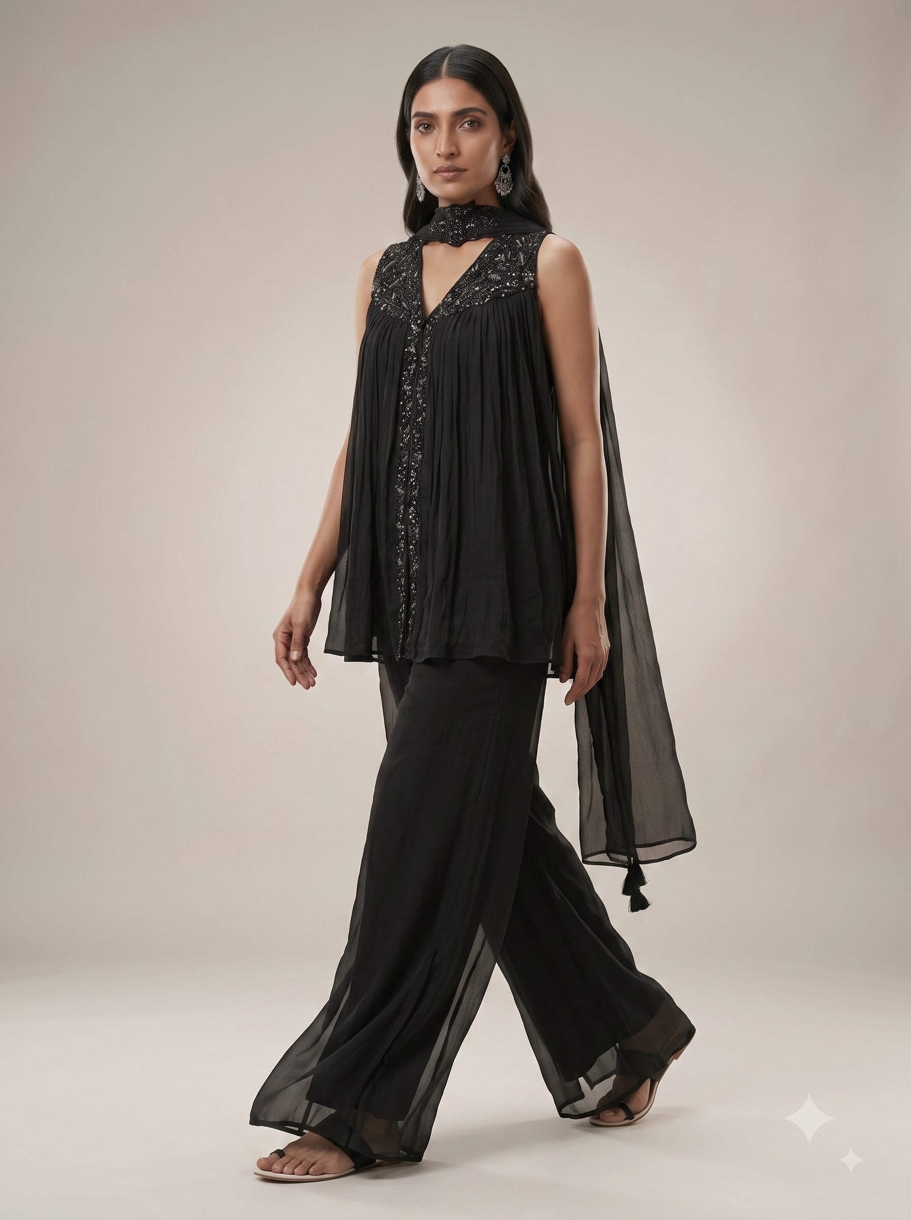 Black Georgette Embellished Crop Top & Palazzo Set