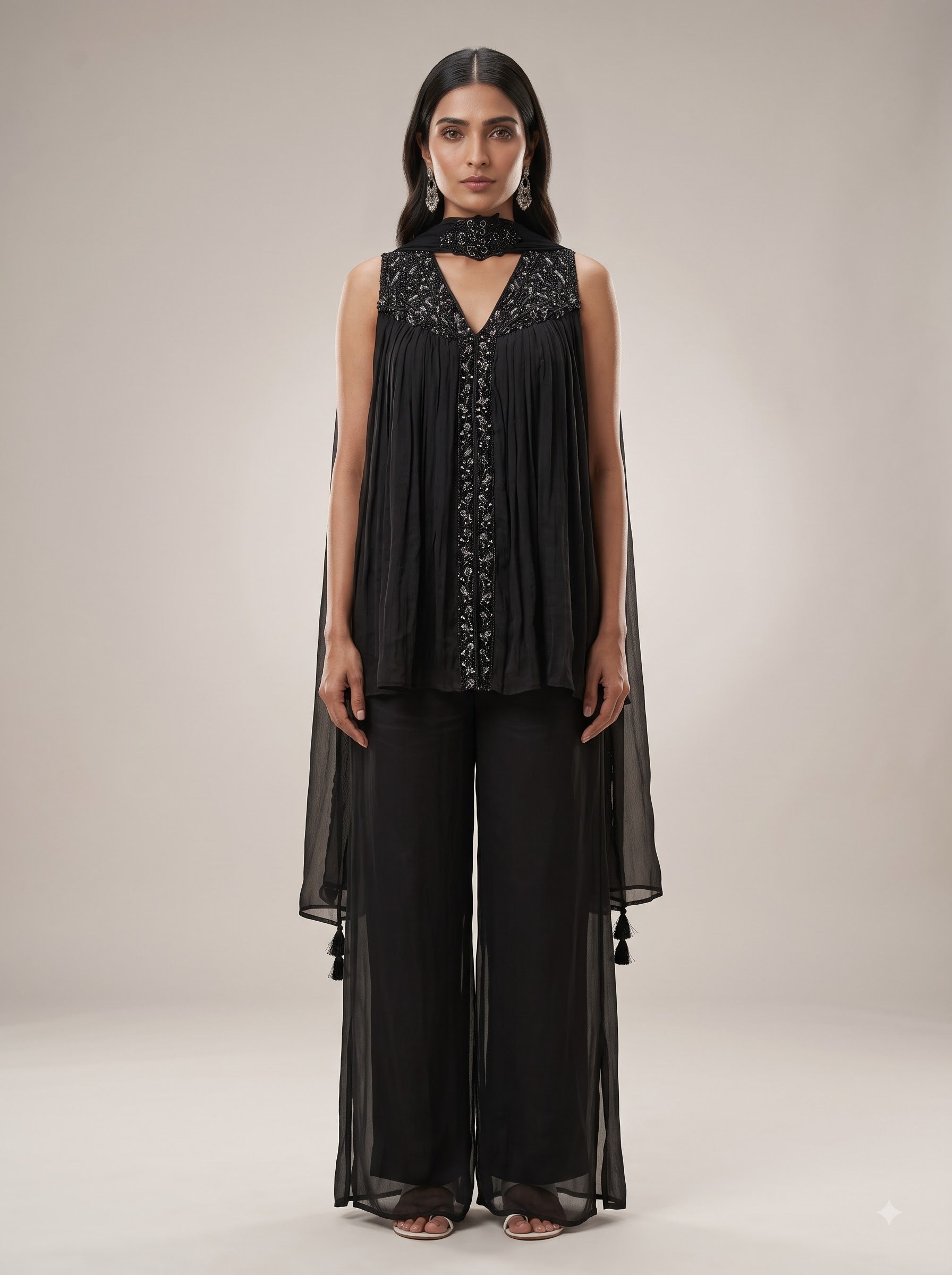 Black Georgette Embellished Crop Top & Palazzo Set
