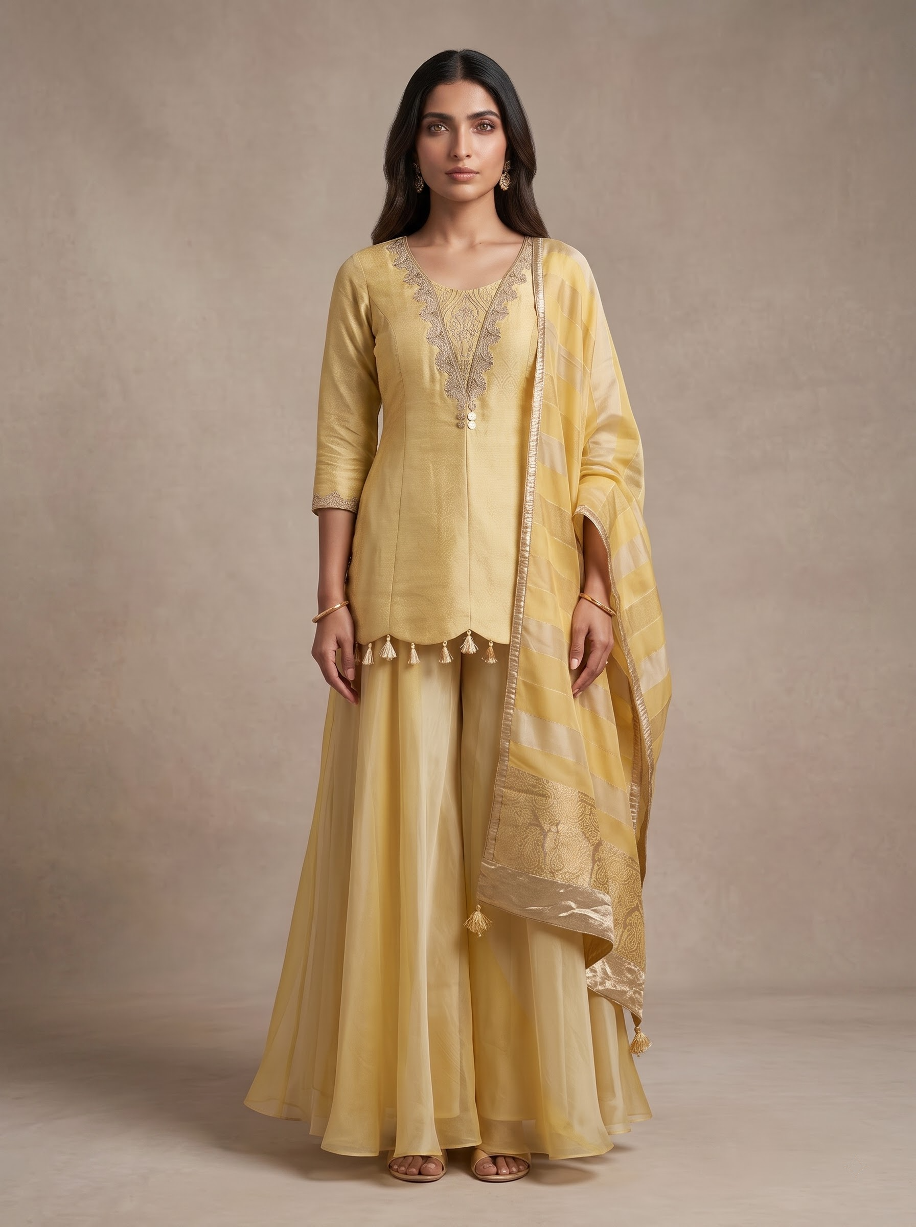 Golden Yellow Tissue Palazzo Suit with Embroidered Neckline and Zari Border Dupatta