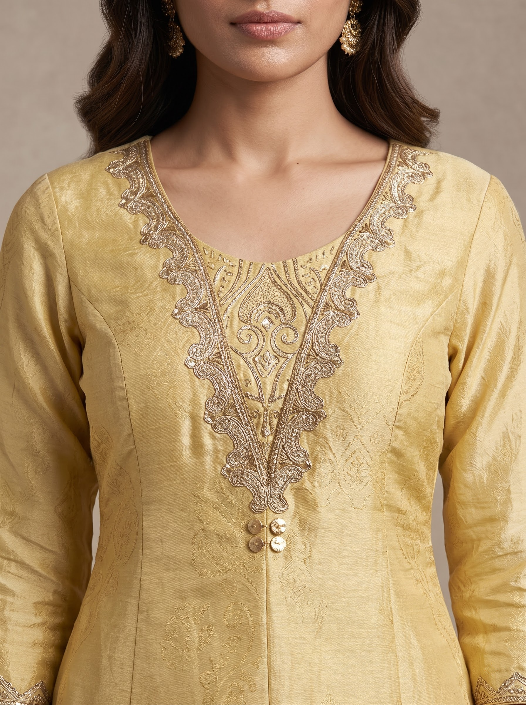 Golden Yellow Tissue Palazzo Suit with Embroidered Neckline and Zari Border Dupatta