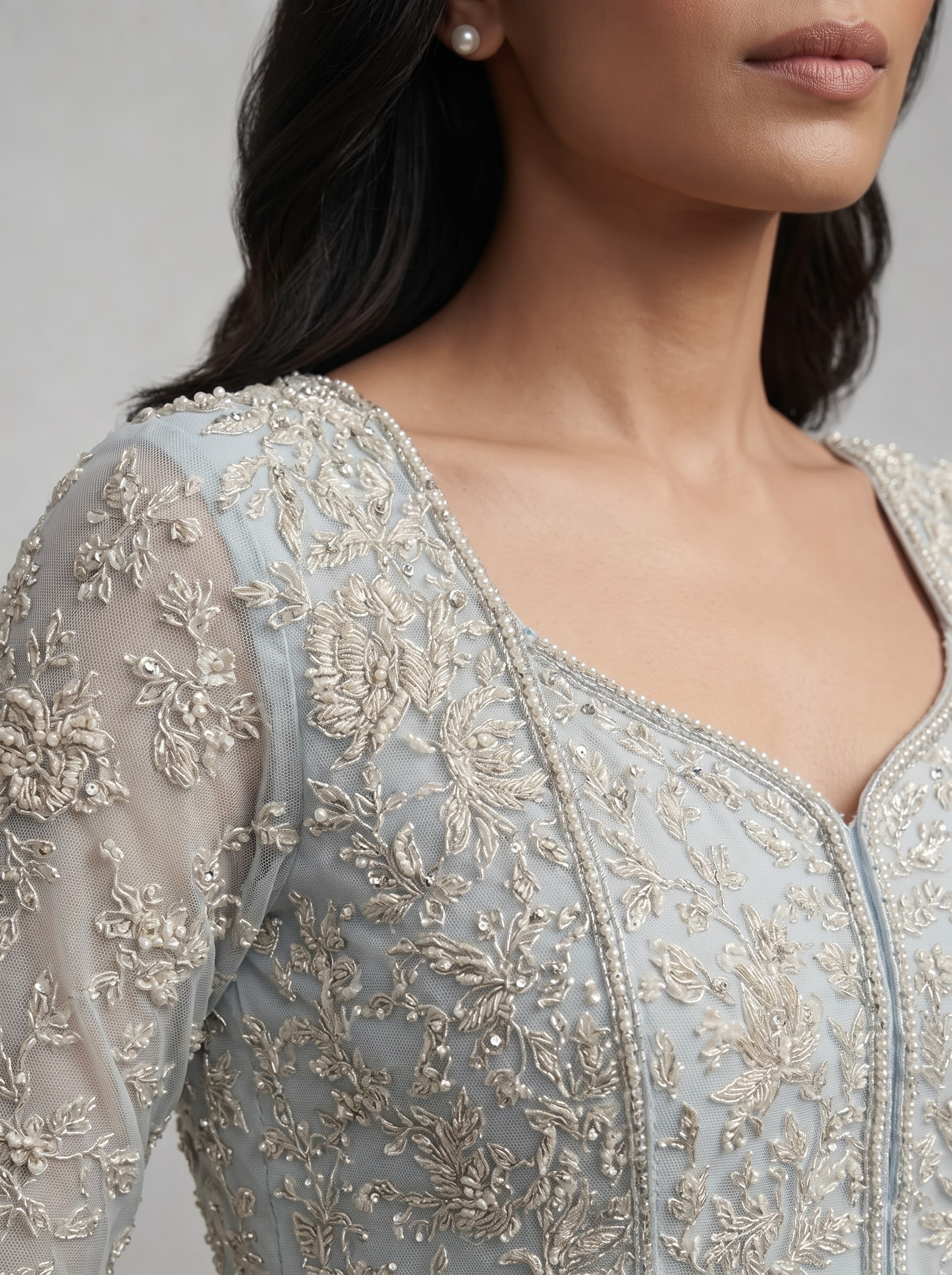 Powder Blue Embroidered Net Gown with Full Sleeves DIVA