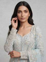 Powder Blue Embroidered Net Gown with Full Sleeves DIVA