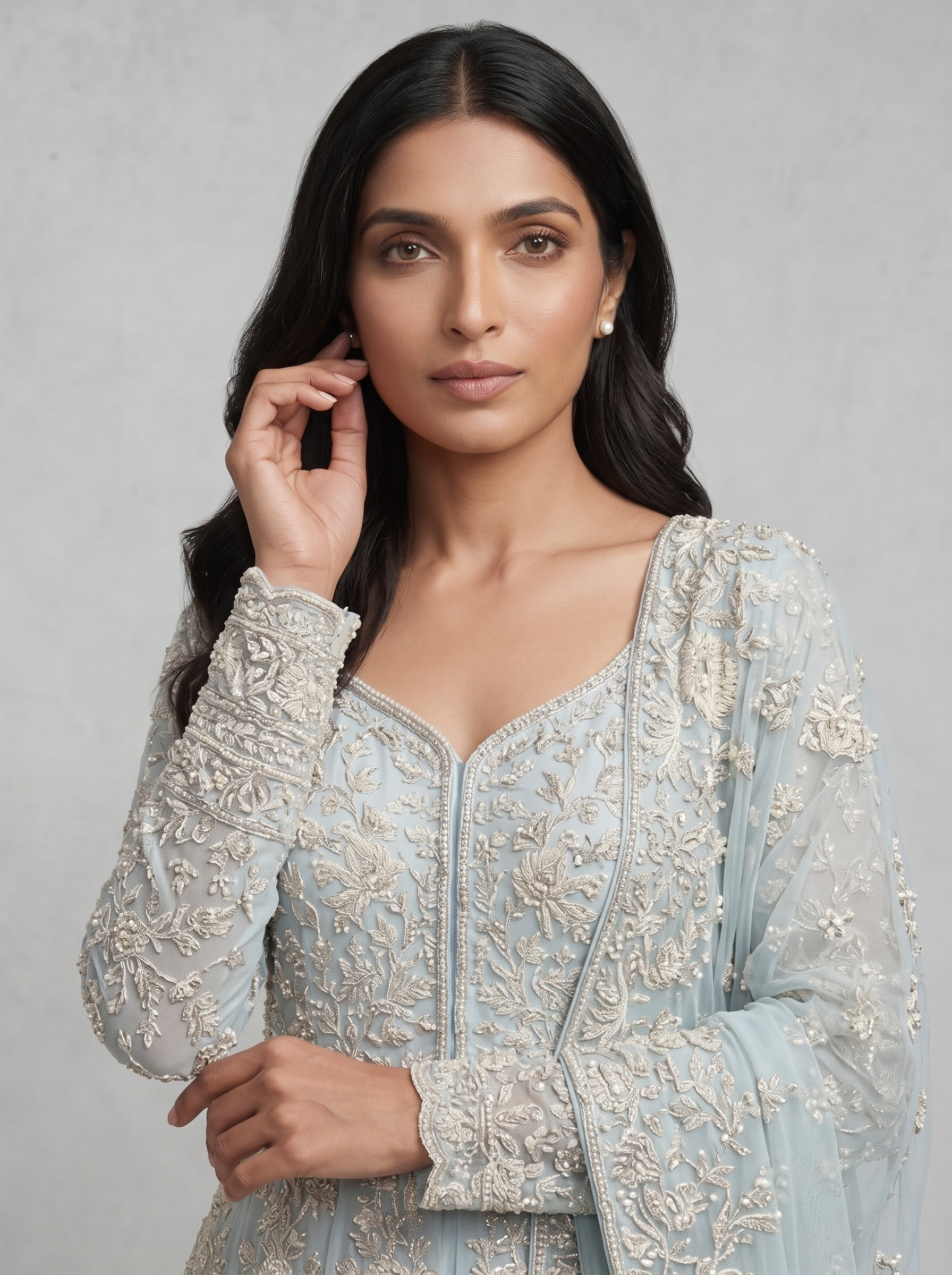 Powder Blue Embroidered Net Gown with Full Sleeves DIVA