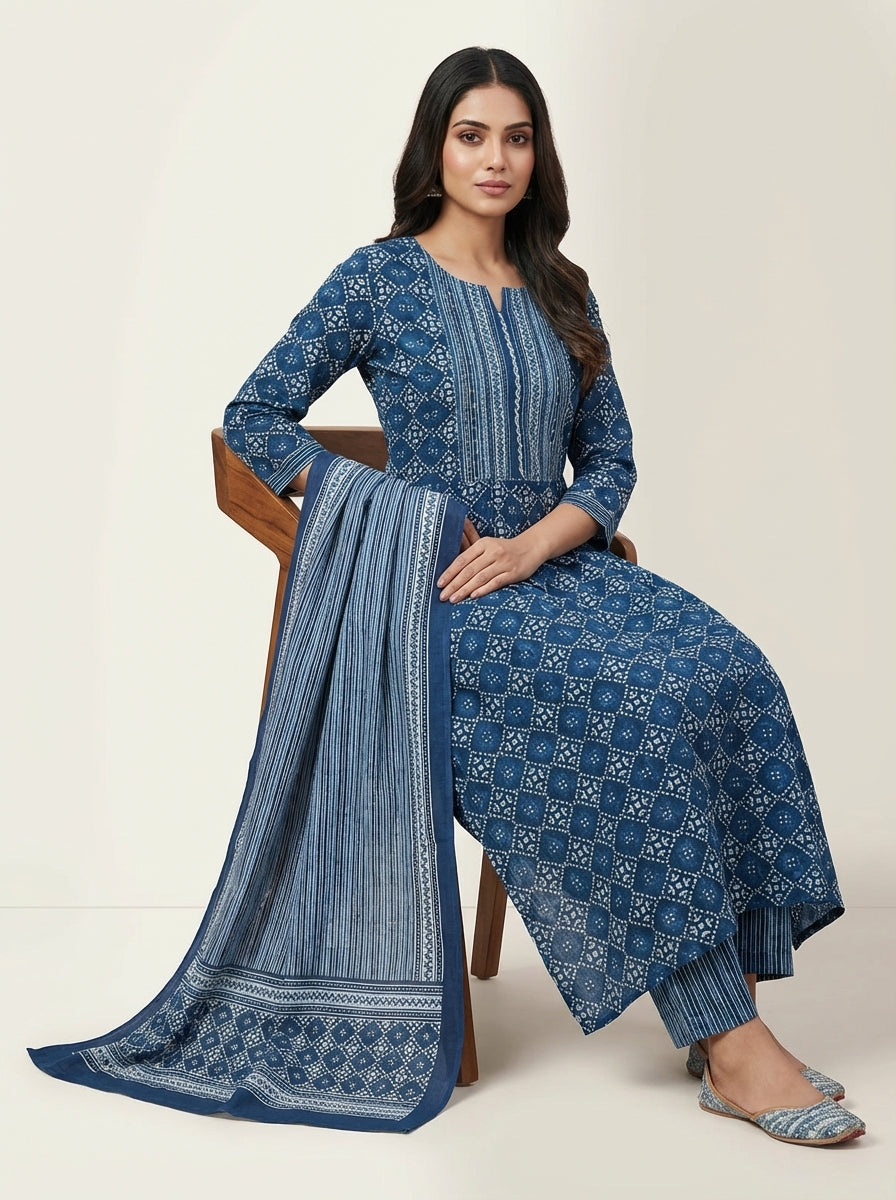 DIVA Navy Blue Floral Paisley Block Print Cotton Salwar Suit | Ethnic Indian Kurta Set for Women