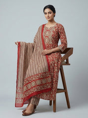 Red Traditional Floral Printed Cotton Salwar Suit with Coordinated Dupatta