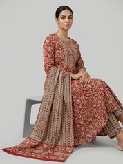 Red Traditional Floral Printed Cotton Salwar Suit with Coordinated Dupatta