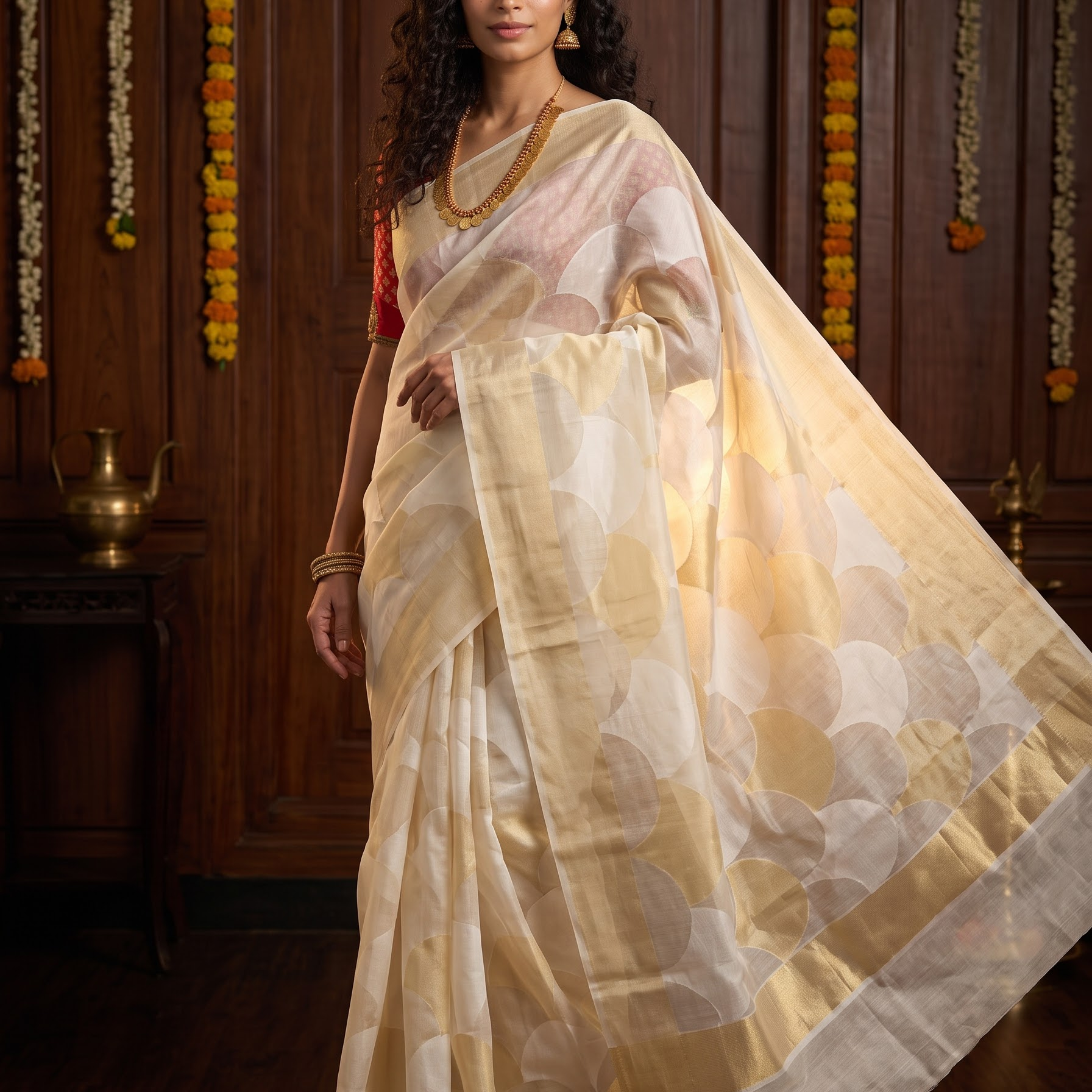 A woman models a semi-sheer beige and cream saree with a large scallop pattern, paired with a red sleeve and gold jewelry, set against a dark wood paneled background decorated with marigold garlands.