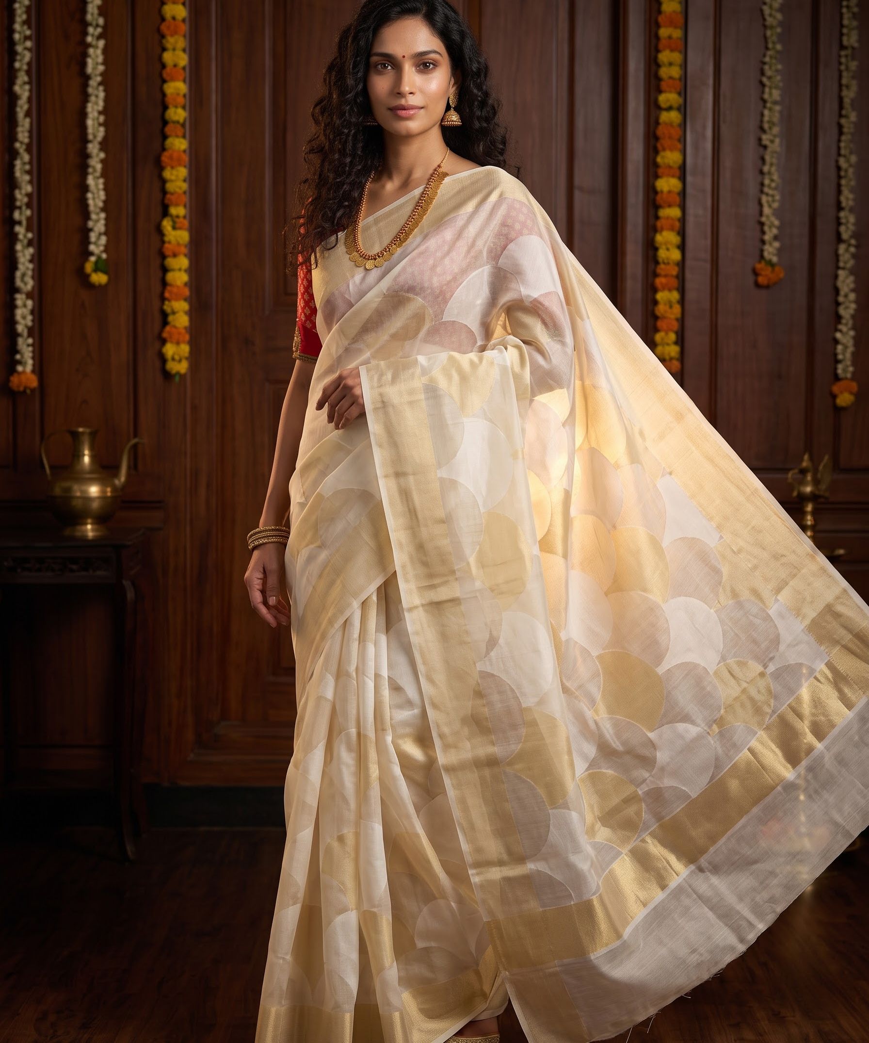 A woman models a semi-sheer beige and cream saree with a large scallop pattern, paired with a red sleeve and gold jewelry, set against a dark wood paneled background decorated with marigold garlands.