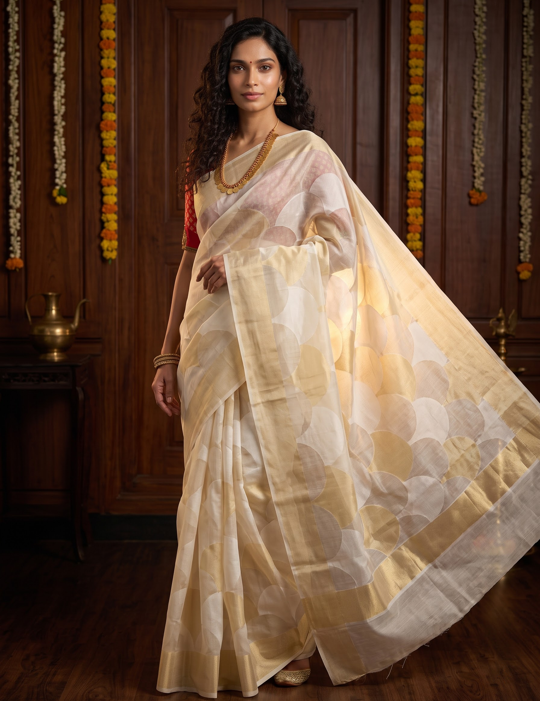 A woman models a semi-sheer beige and cream saree with a large scallop pattern, paired with a red sleeve and gold jewelry, set against a dark wood paneled background decorated with marigold garlands.