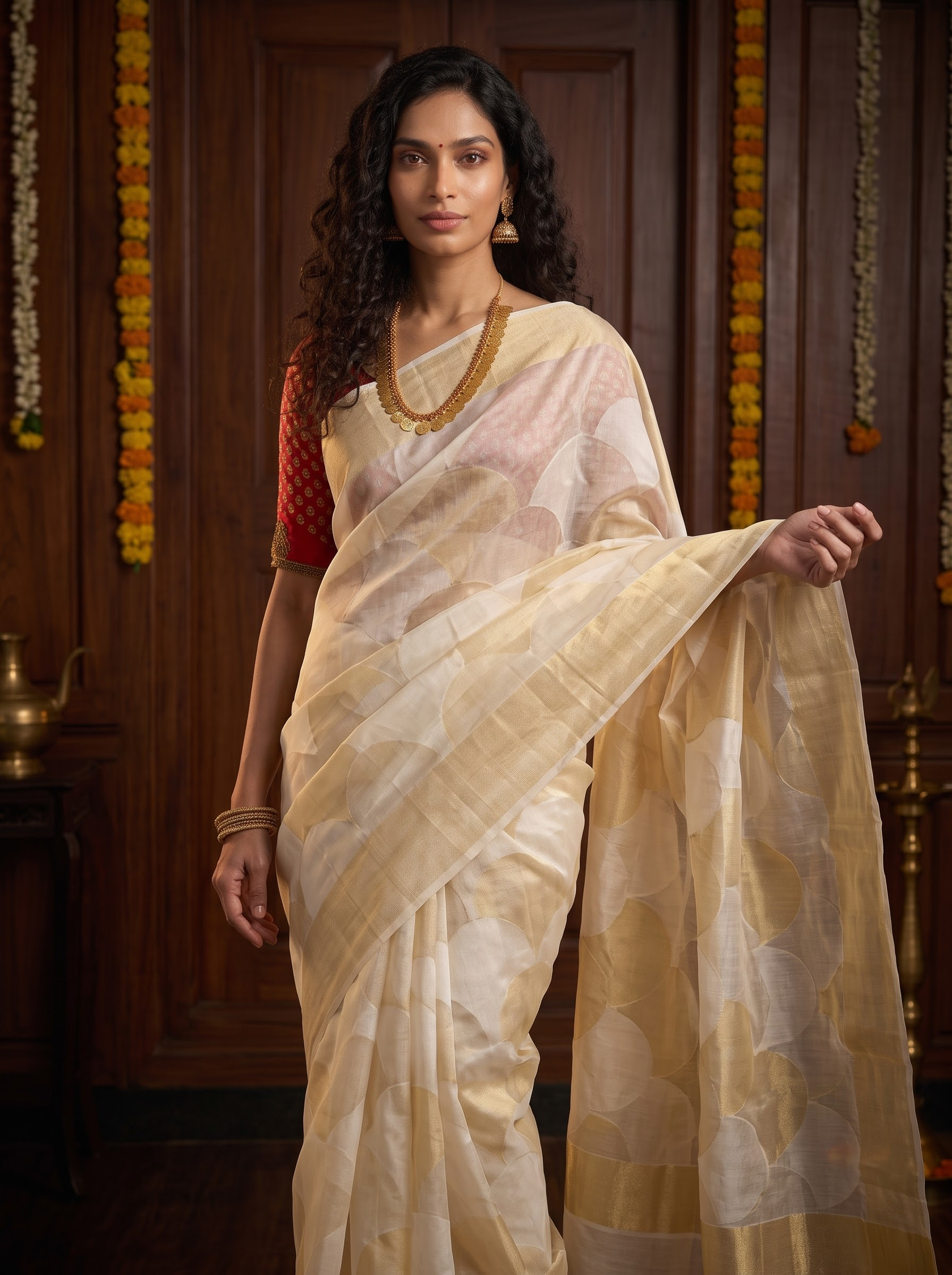 Cream Banarasi Weave Kasavu Style Saree with Zari Border