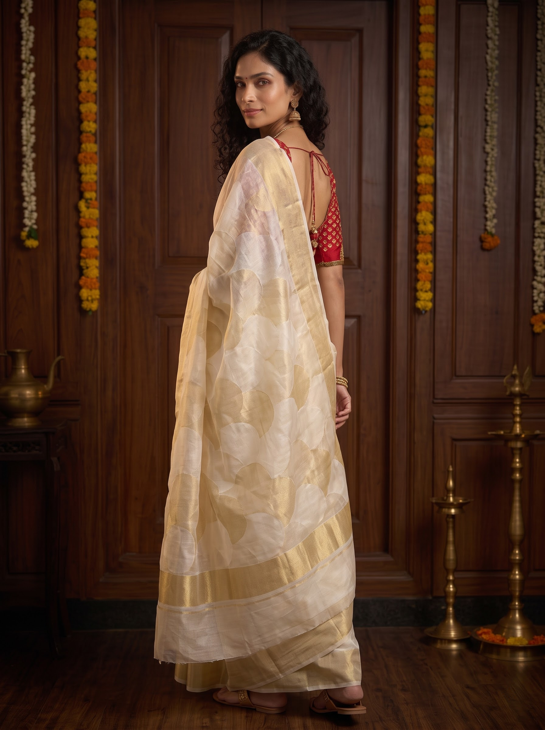 Cream Banarasi Weave Kasavu Style Saree with Zari Border
