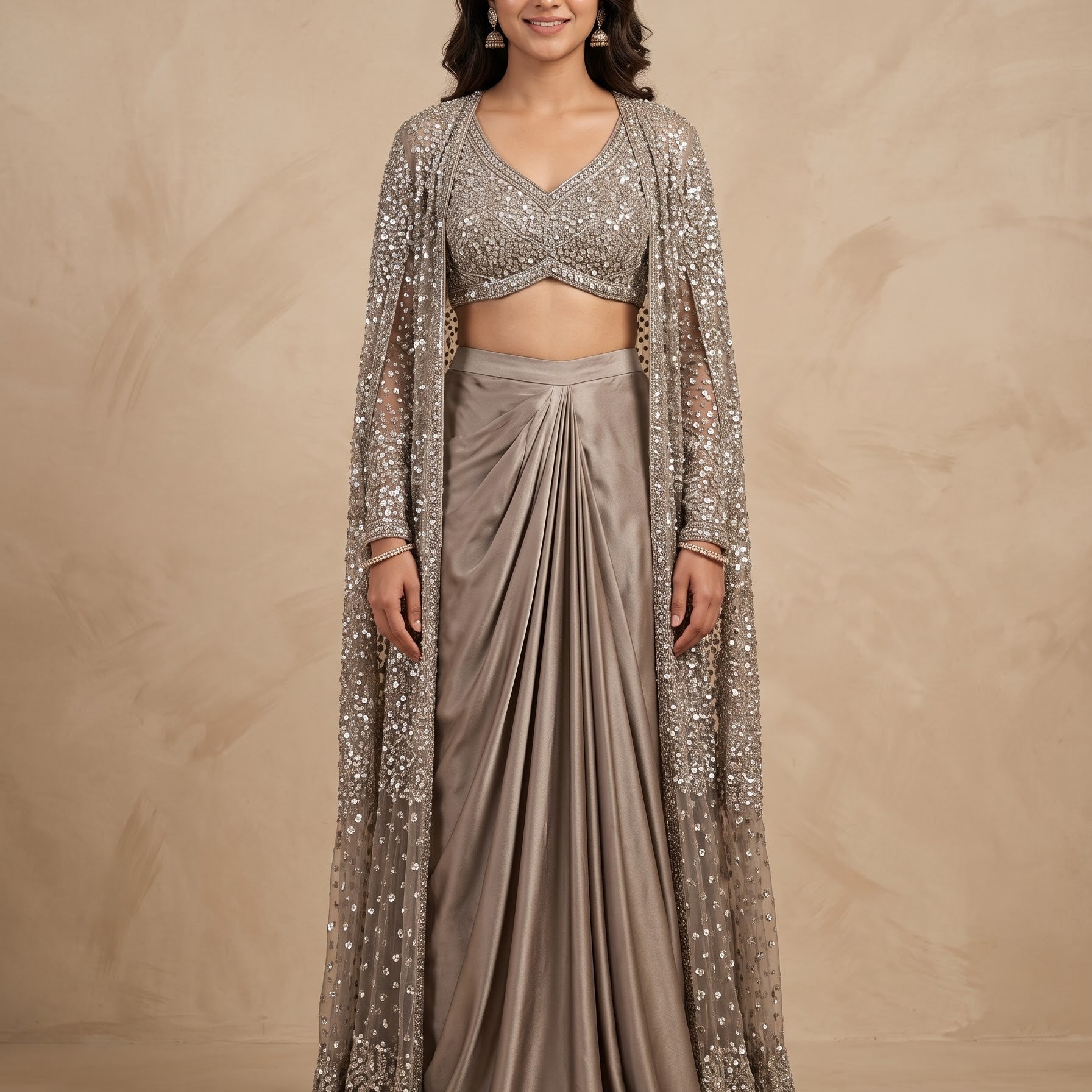 Steel grey georgette readymade saree with dupatta and stitched blouse styled for a cocktail evening