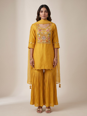 Mustard Yellow Raw Silk Straight Cut Kurta with Floral Embroidered Yoke and Sharara Palazzo Set