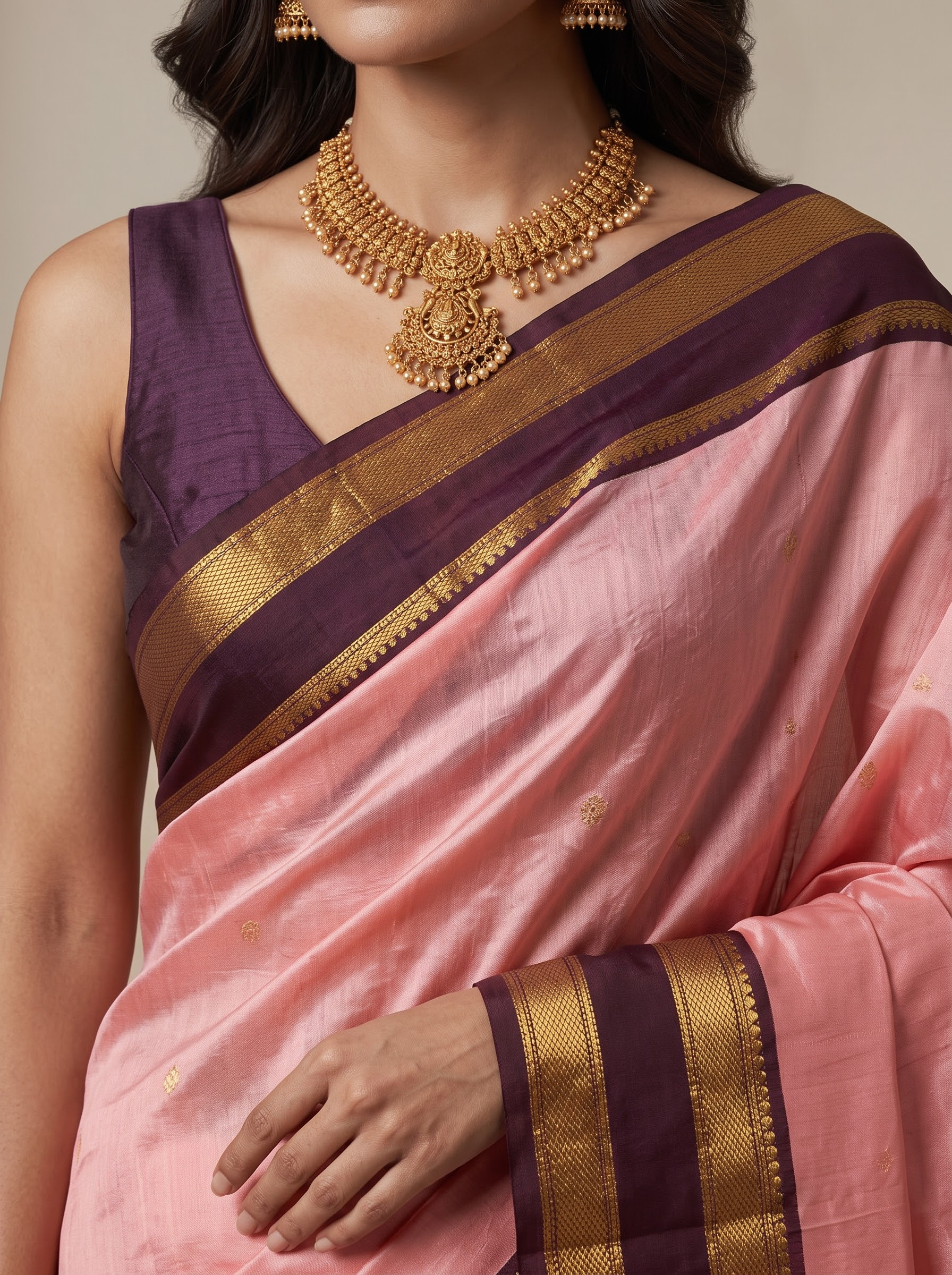 Pink Kanchipuram Silk Saree with Contrast Maroon Pallu & Gold Zari Border