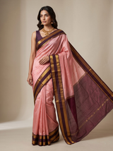 Pink Kanchipuram Silk Saree with Contrast Maroon Pallu & Gold Zari Border