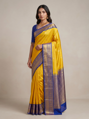 Yellow Kanchipuram Silk Saree — Regal Blue Zari Weave for Weddings & Festive Occasions