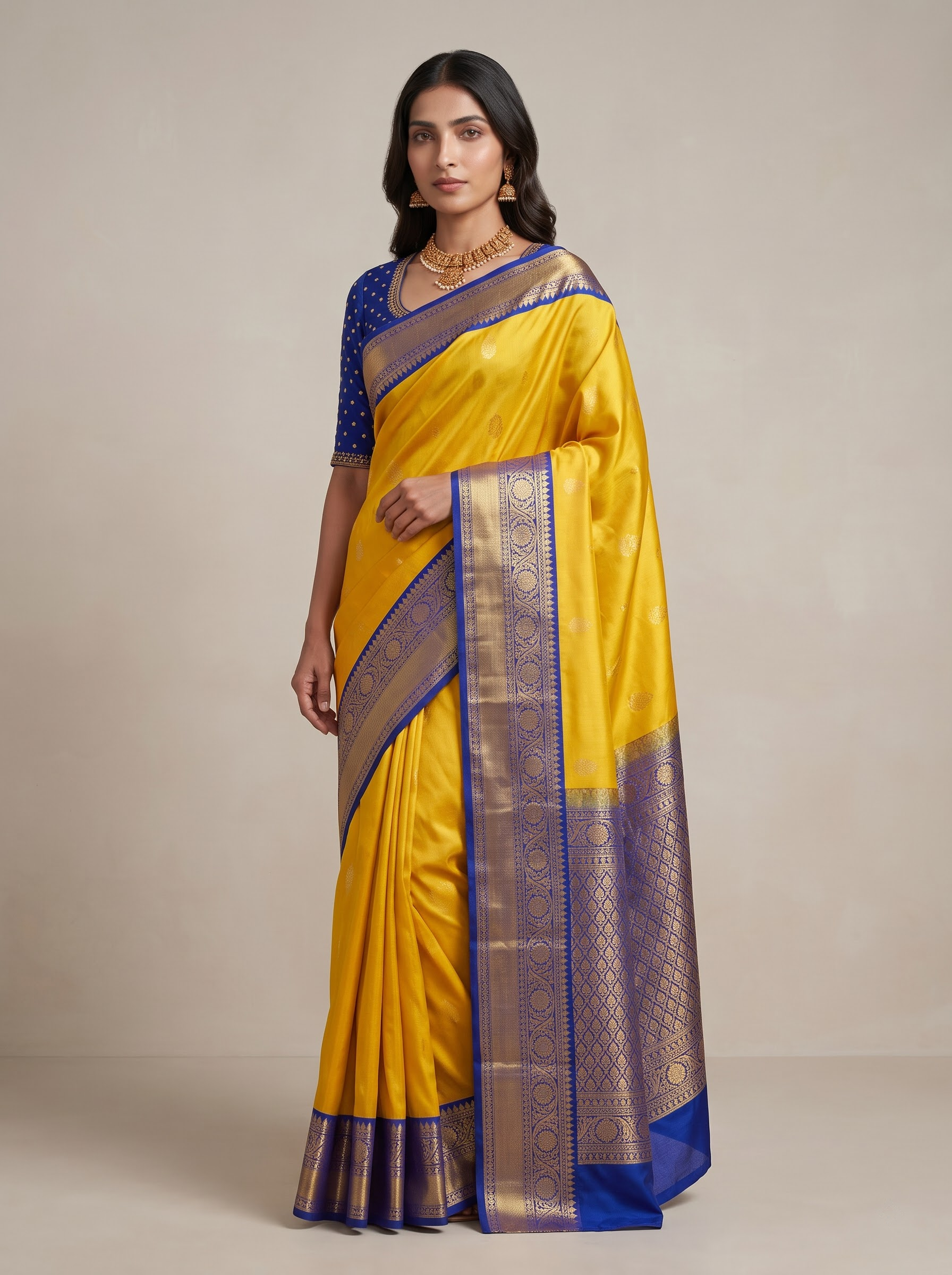 Yellow Kanchipuram Silk Saree — Regal Blue Zari Weave for Weddings & Festive Occasions